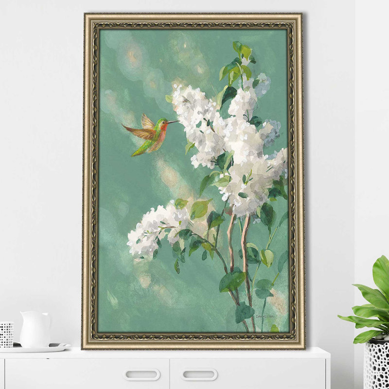 Hummingbird Spring I par Danhui Nai - Peinture, Encadrement champagne, H 27,5 po x l 21,5 po x P 0,75 po