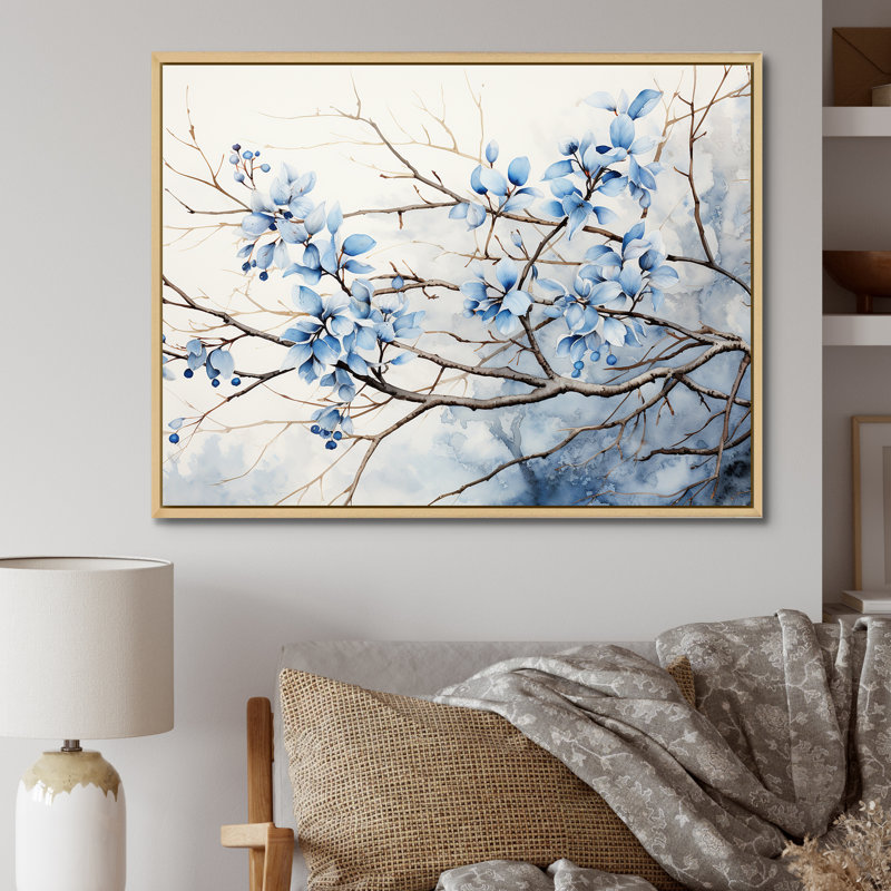 Art sur toile, feuilles bleues et grises, Cadre naturel flottant, H 16 po x l 32 po x P 1 po