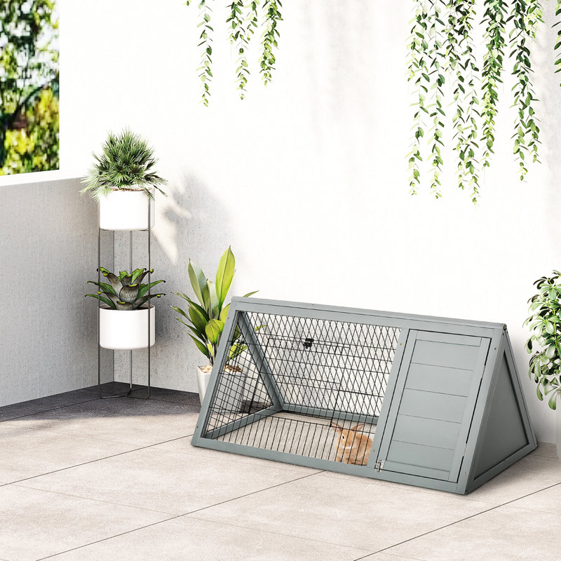 Lapin en bois gris avec couloir extérieur et fil de ventilation - 46 po x 24 po, portatif compact pour petits rongeurs, gris ventilé, animaux passionnés