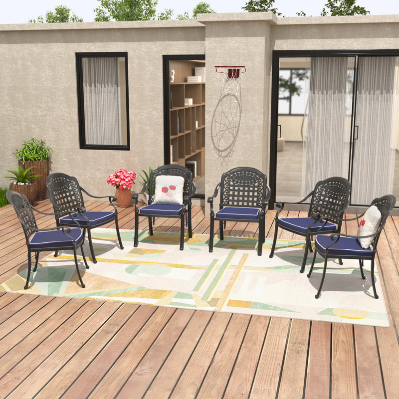 6-Pack Outdoor Cast Aluminum Stackable Chairs with Armrests, Blue Cushions