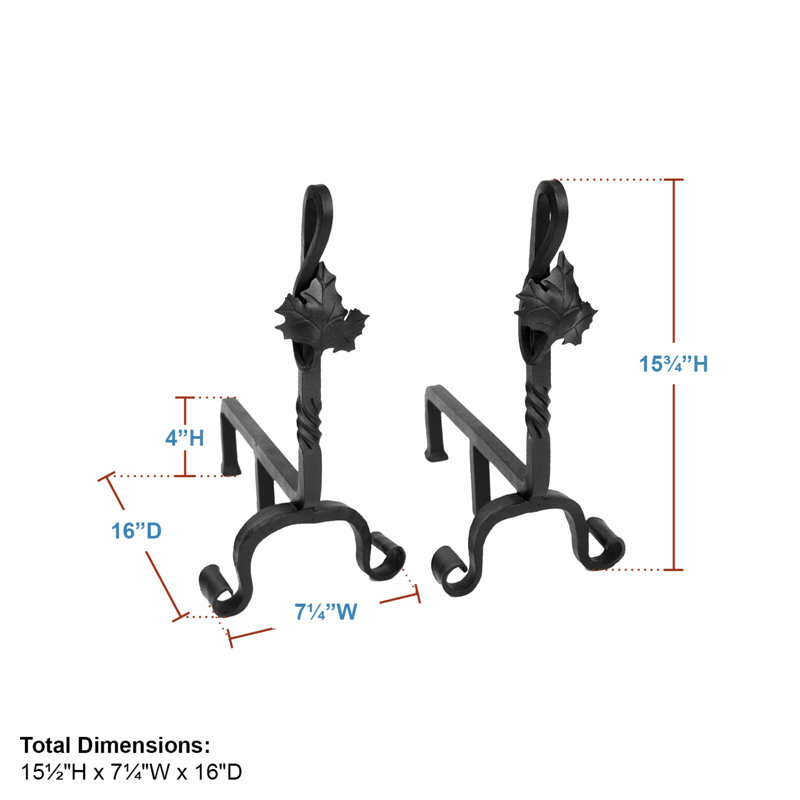 15.25" Black Wrought Iron Maple Leaf Fireplace Andirons