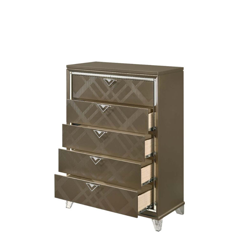 Commode 5 tiroirs Skylar, finition champagne foncé