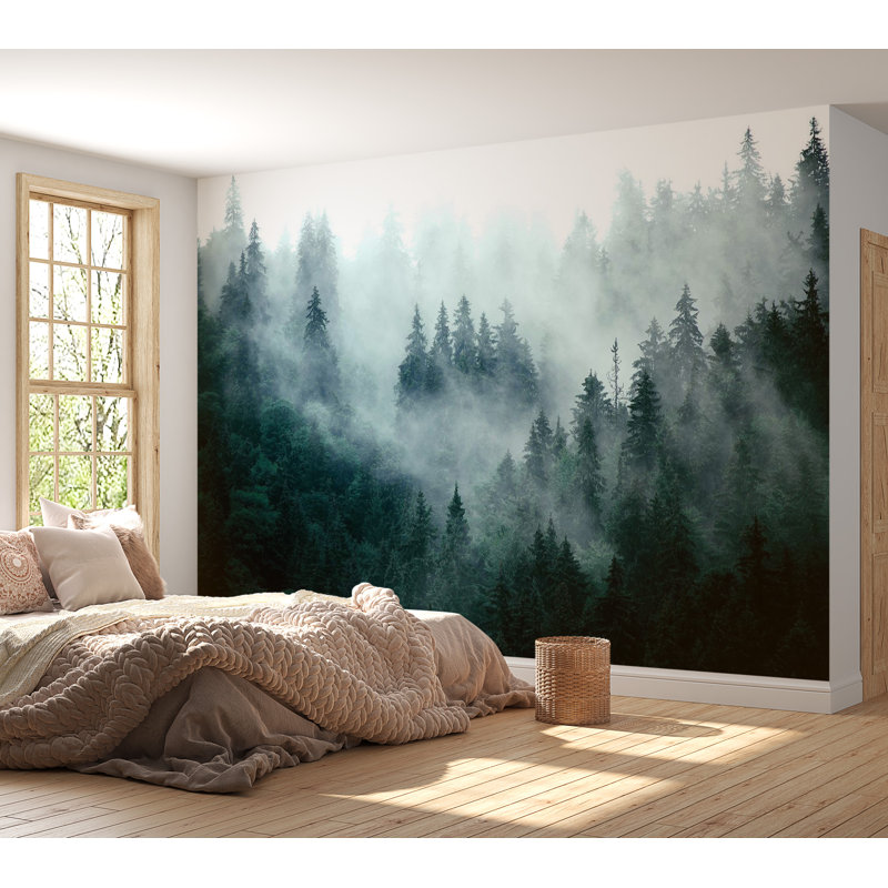 Murale paysage non collé Danyael - vert forêt de montagne foncé, L 124 po x l 177 po, Non tissé