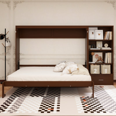 Grand lit escamotable avec compartiments de rangement et tablettes réglables en hauteur, cadre de lit mural avec 1 tiroir, lit plateforme pliable multifonctionnel pour petit espace, chambre à coucher, chambre d'amis, blanc