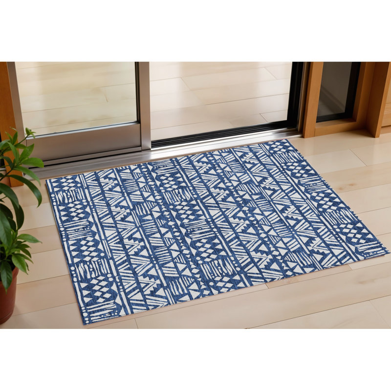 3' X 5' Navy Blue And Ivory Southwestern Washable Indoor Outdoor Area Rug