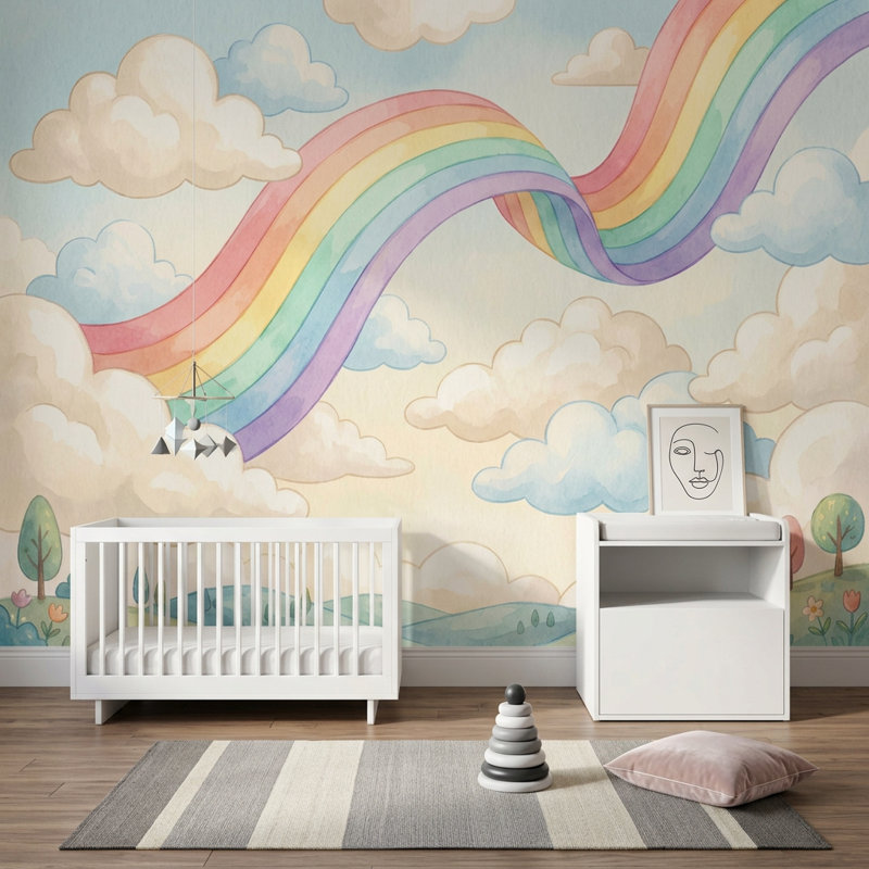 Papier peint pastel arc-en-ciel avec nuages fantaisistes, 160 po x 108 po, Peler et coller