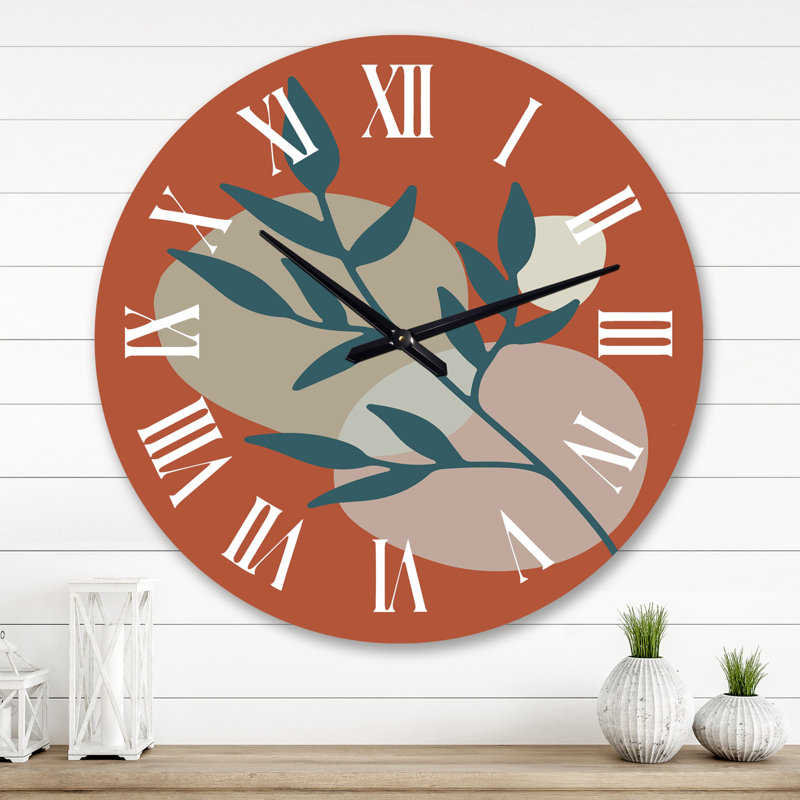 Horloge murale surdimensionnée orange Boho Foliage Line I, Grand