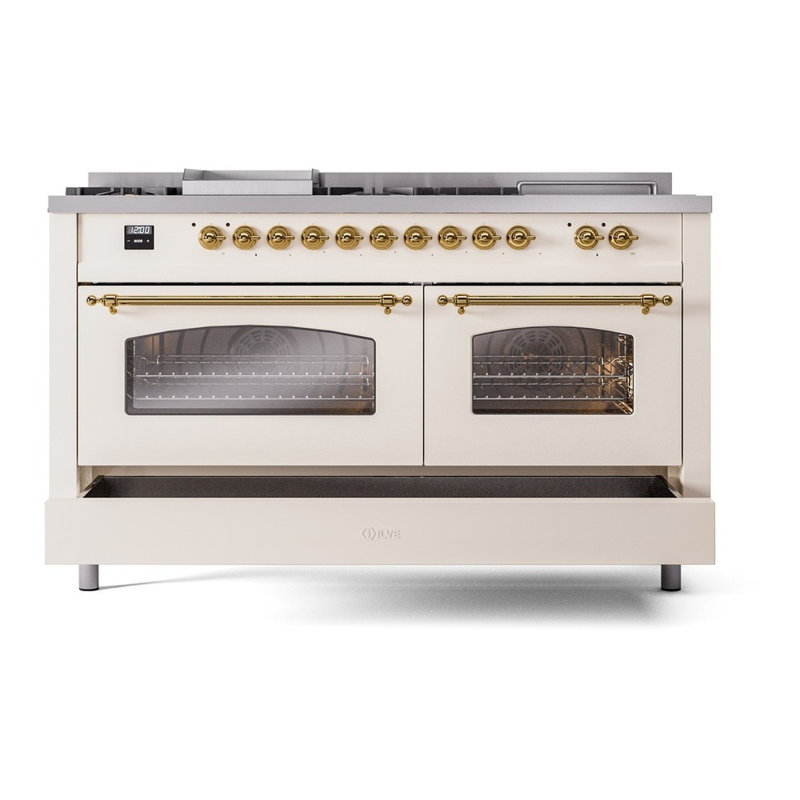 ILVE Nostalgie II 60 Dual Fuel Range, 5 Burners, Griddle, Frenchtop , Natural Gas, Antique White/Brass