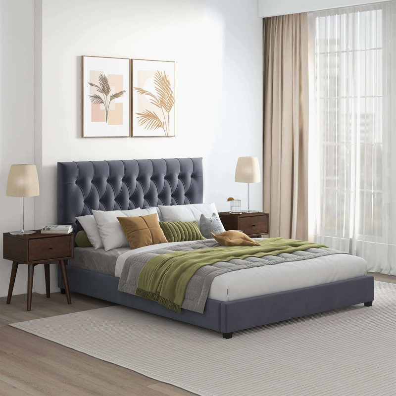 Lit plateforme Mid-Century, gris, Très grand