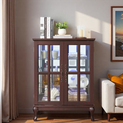 Vitrine avec portes en verre quadrillé, bande lumineuse RVB en couleur et tablettes en verre réglables en hauteur