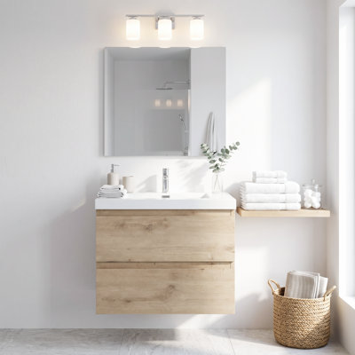 Meuble-lavabo suspendu de 61 cm (24 po) avec lavabo intégré en résine et carbonate de calcium, quincaillerie à fermeture amortie, découpes en forme de U, entièrement assemblé