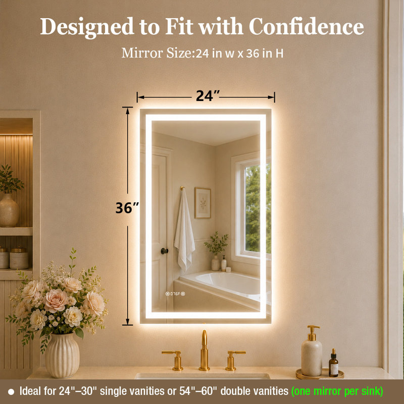 TMMV 24" W x 36" H Frameless LED Light Anti-Fog Wall Bathroom Vanity Mirror In Polished Crystal, 24" W x 36" H