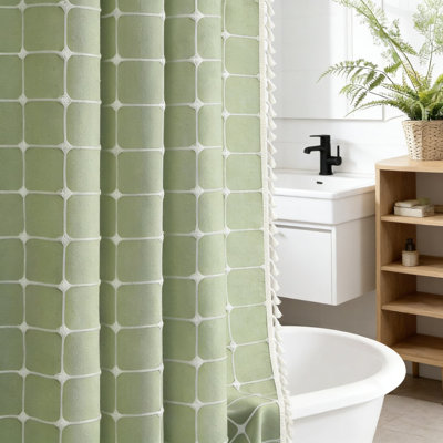 Farmhouse Shower Curtain With Embroidered Plaid Pattern And Tassels, Linen Texture Heavyweight Fabric For Bathroom Decor
