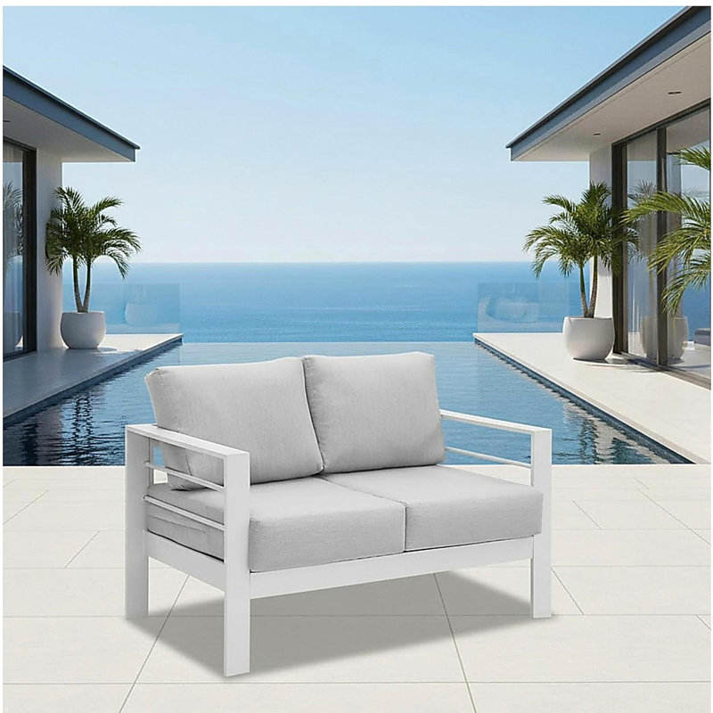50" All-Weather Aluminum Patio Loveseat with Thick Light Gray Cushions & White Frame, White/Gray