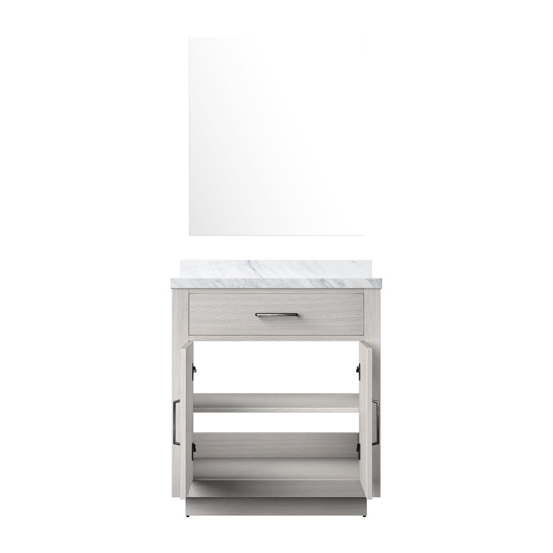 Meuble-lavabo simple en chêne blanc, surface en marbre, miroir 28 po, mécanisme à fermeture douce, fonction