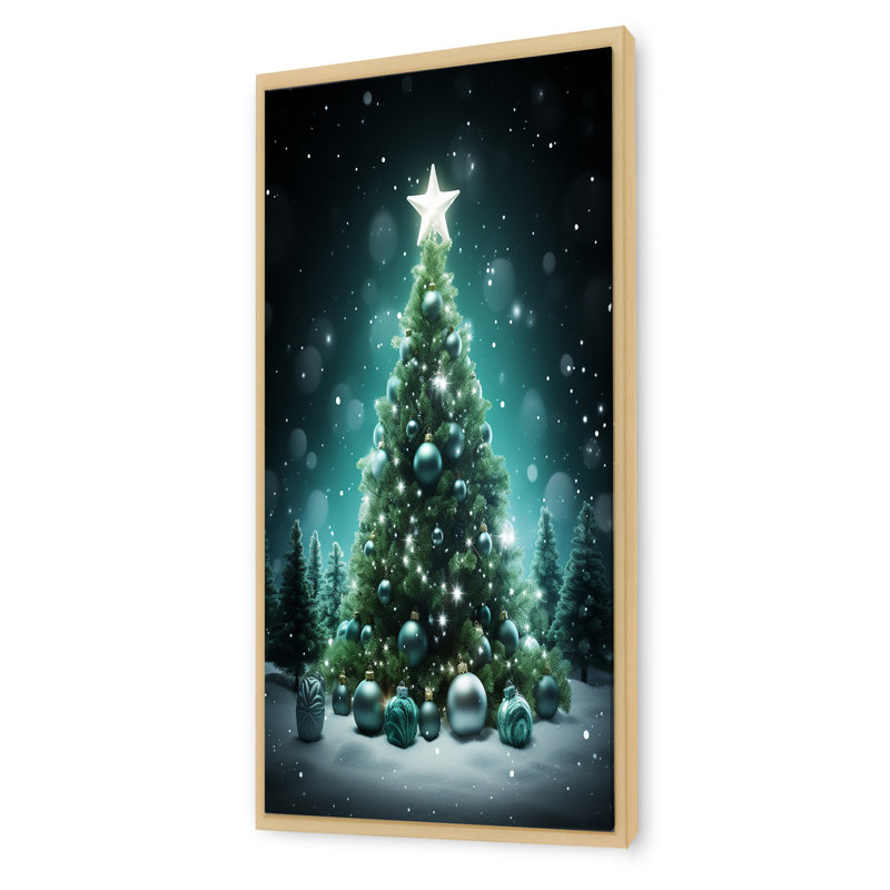 Magical Green Christmas Tree - Winter Landscape, art mural, Cadre flottant brun, H 60 po x l 28 po x P 1,5 po