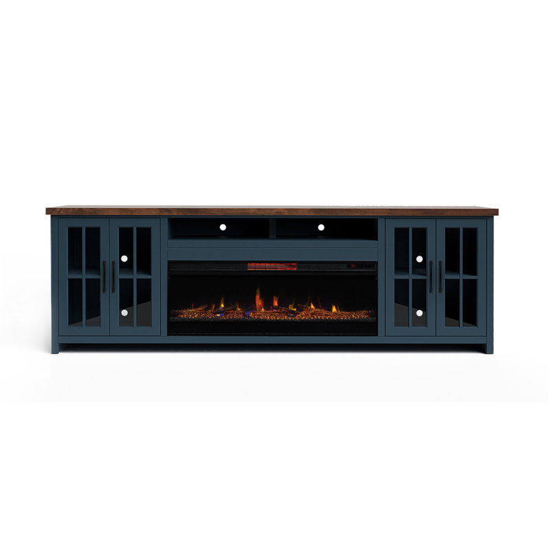 Meuble télé 97 po pour téléviseur de 100 po ou moins, assemblage minimal, denim bleu et finition whisky