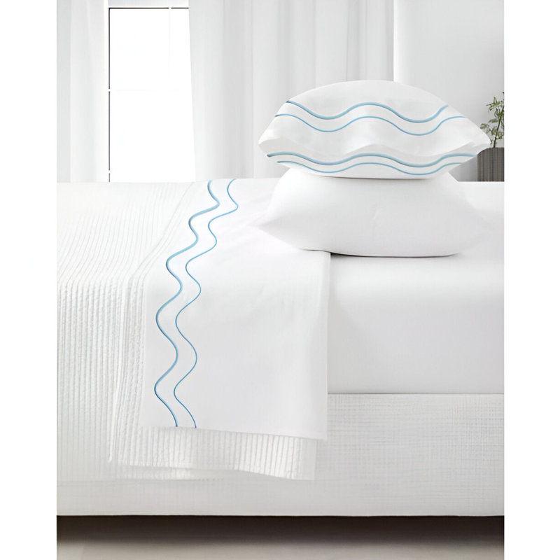 Double Wavy Embroidered Cotton 4 Piece Sheet Set Fitted Sheet Fits Upto 16" Deep Pocket, Light Blue Border