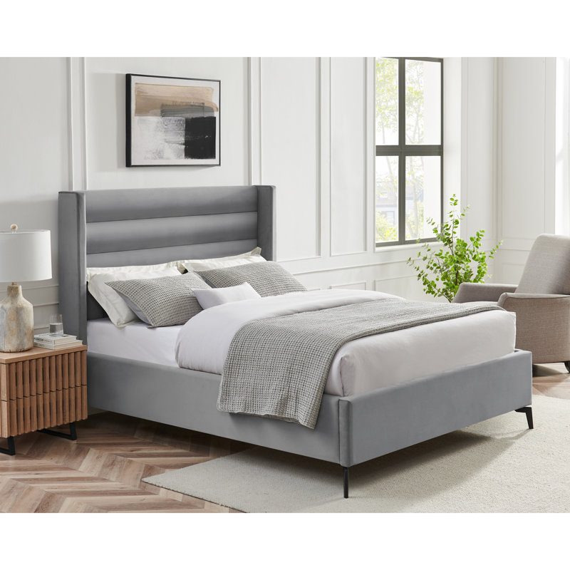 Lit plateforme capitonné à profil bas, Très grand, Velours gris clair