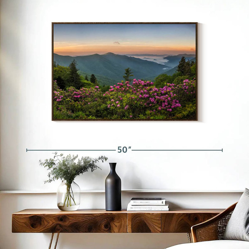 Blue Ridge Mountains View, 37 po x 25 po, Cadre flottant noyer