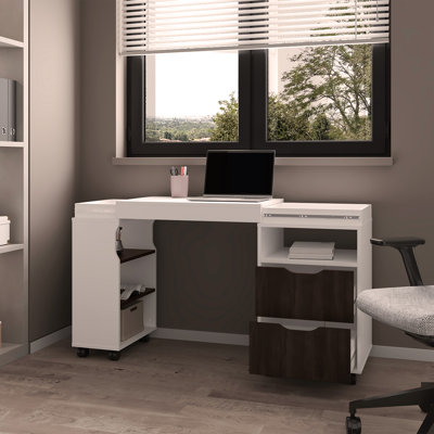 Bureau extensible Loris avec deux tiroirs, tablettes ouvertes et mécanisme coulissant