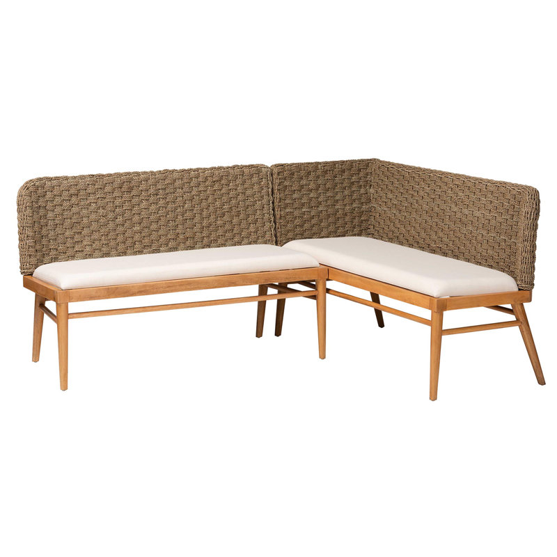 Denver Natural Seagrass and Acacia Wood Dining Nook Banquette Set