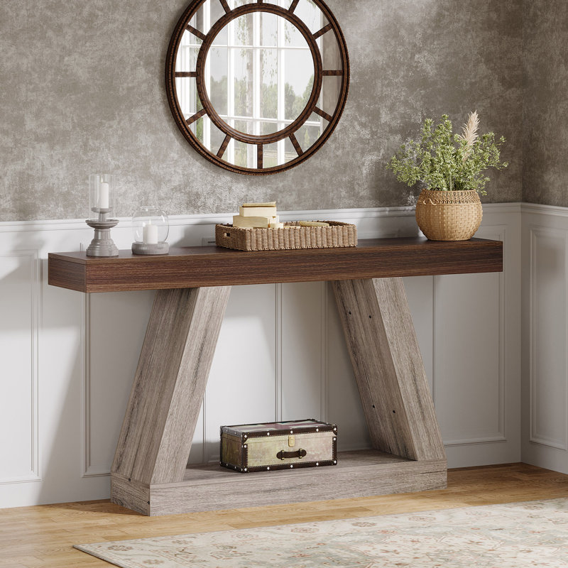 Chasidi Rectangular Pedestal Console Table, Brown/Gray