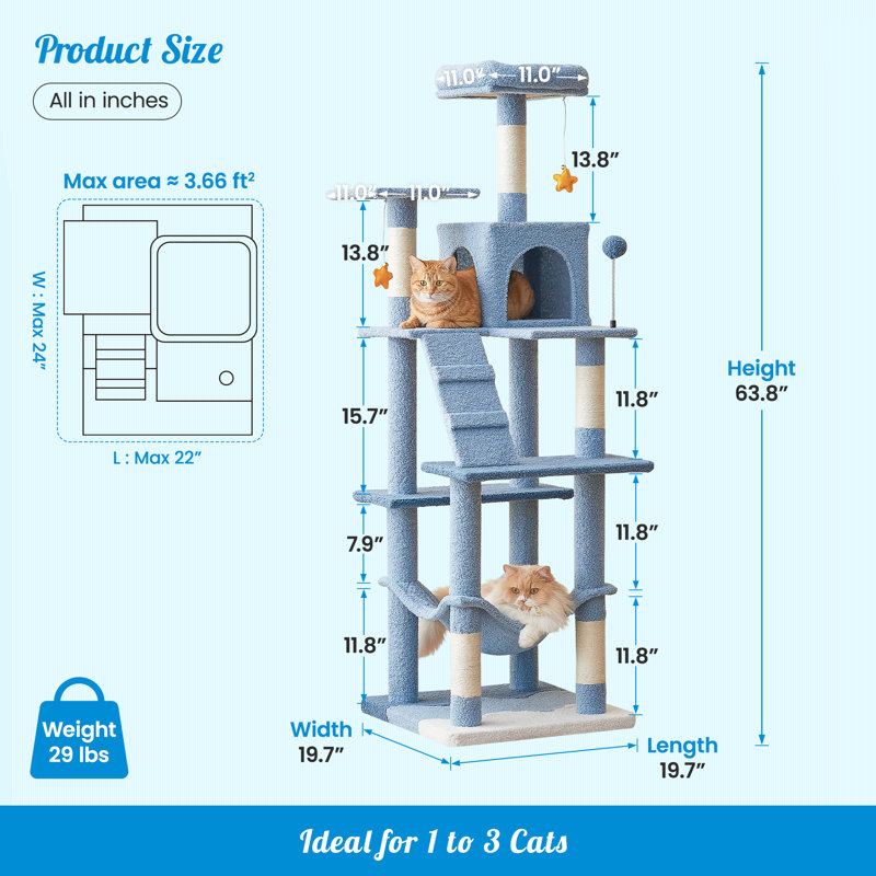 Grand condo 64 "pour chat, Bleu, H 63,8 po x l 19,7 po x P 19,7 po