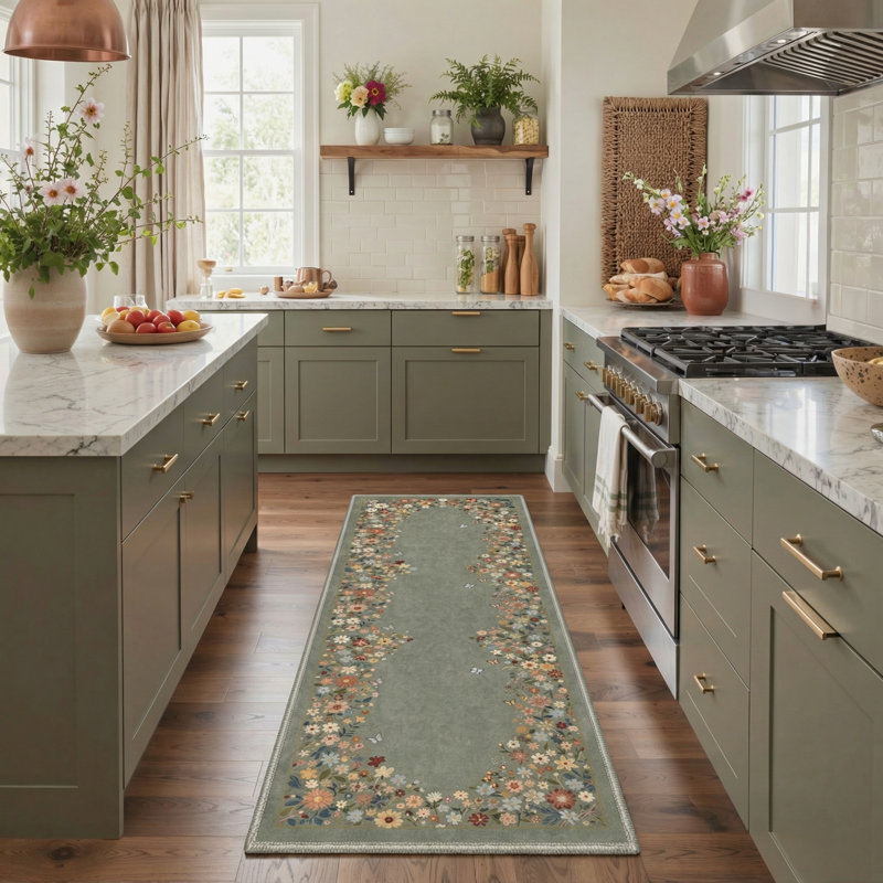 Tapis d'intérieur floral lavable à la machine avec envers antidérapant Botanique, Tapis de couloir 2 pi 3 po x 6 pi