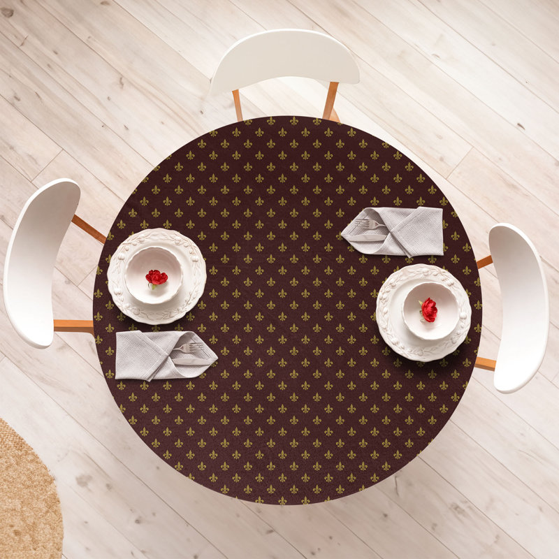 East Urban Home Fleur De Lis Fitted Round Tablecloth Diameter Burgundy Earth Yellow, 47.24" Round
