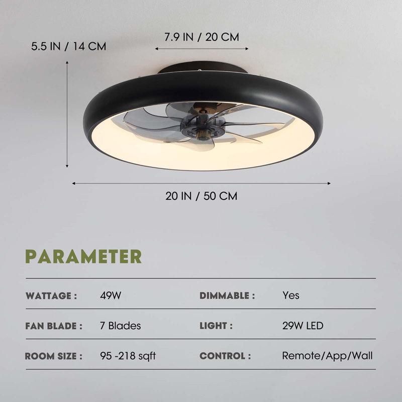 Ventilateur de plafond à DEL 20 pouces à intensité variable moderne avec lumières, Noir