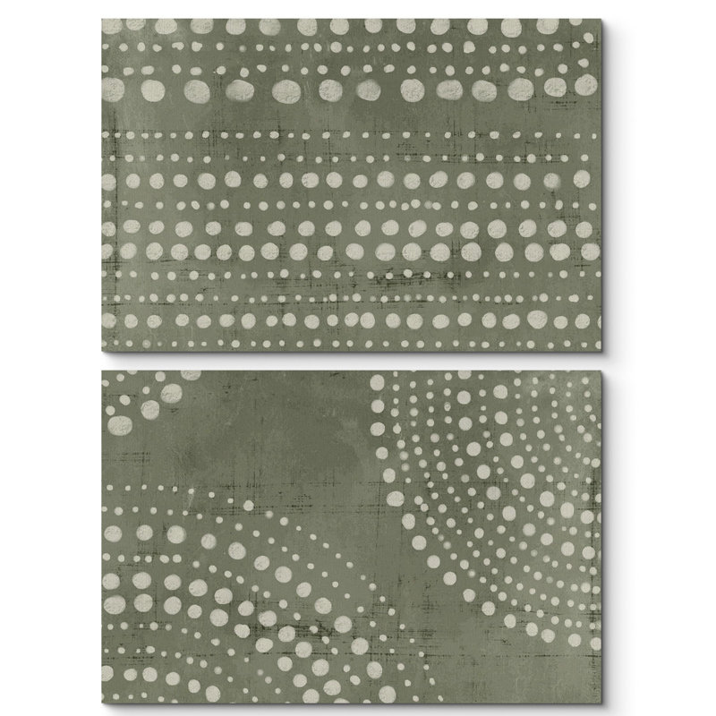 Mid-Century «Olive Green Tones Abstract Modern Dot Matrix Geometric», 2 pièces, H 16 po x l 24 po, Toile tendue
