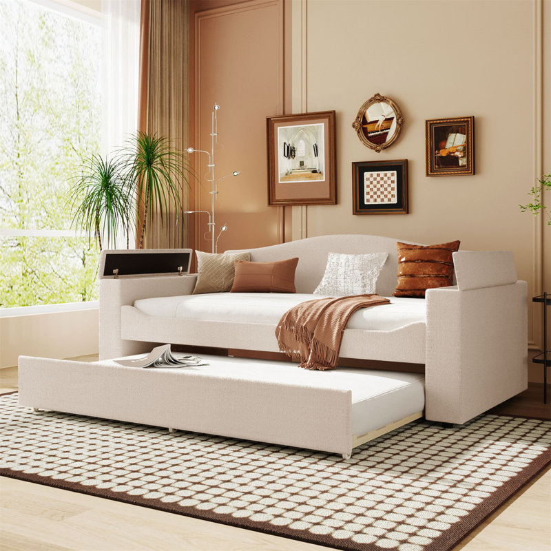 Twin Size Teddy Fleece Upholstered Daybed With Storage, Trundle, And Integrated Bluetooth Audio System For Modern Comfort