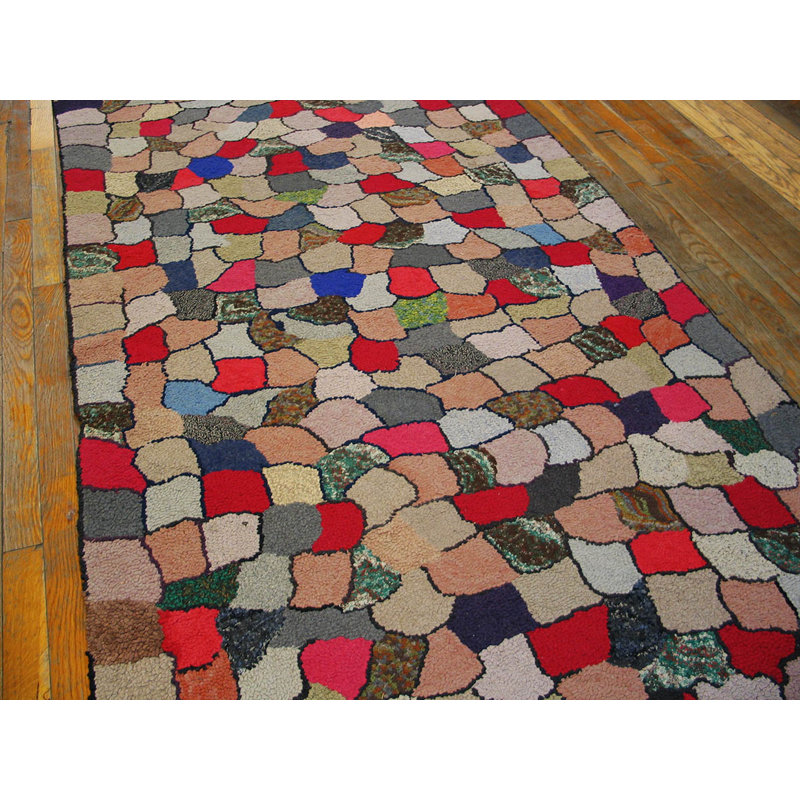 American Hooked Antique Multicolor Jewel Tones Allover Geometric Wool 1930s Rug