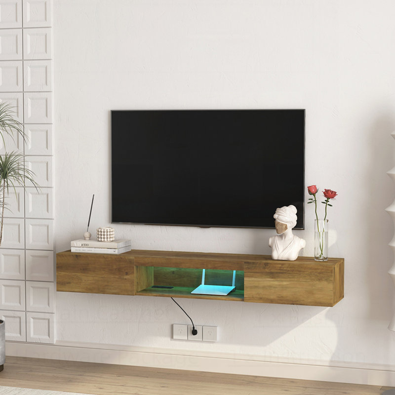Meuble télé mural flottant avec 16 lumières à DEL de couleur et prise de courant, pour le divertissement à domicile moderne