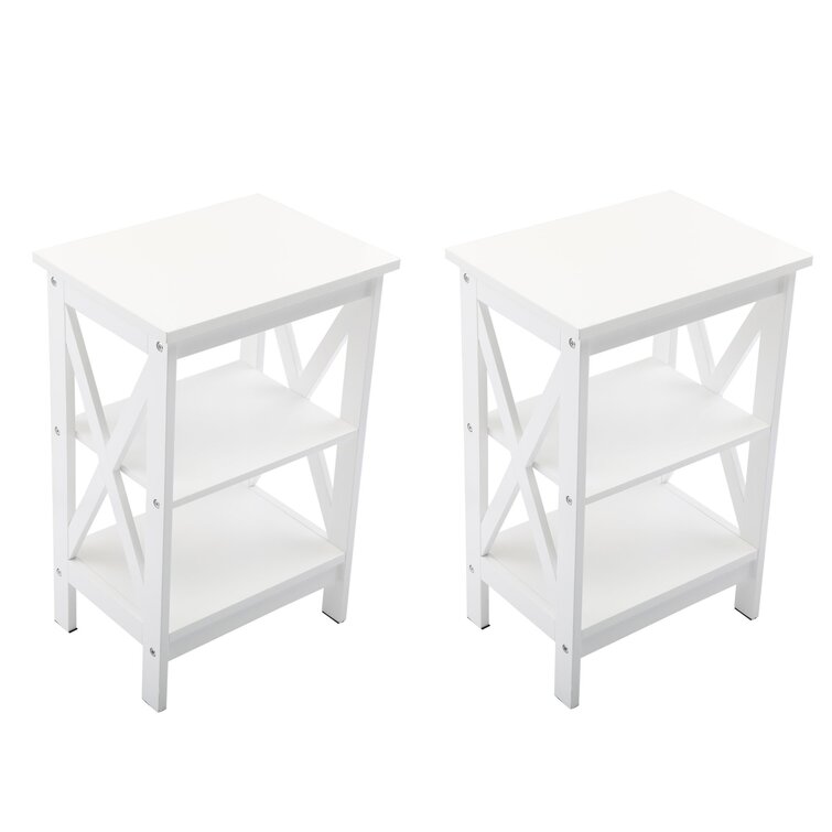 Set Of 2 Modern 3-Tier Nightstand Desk Storage Shelf, X-Design End Tables Coffee Side Table For Office, Living Room, Bedroom Furniture, White