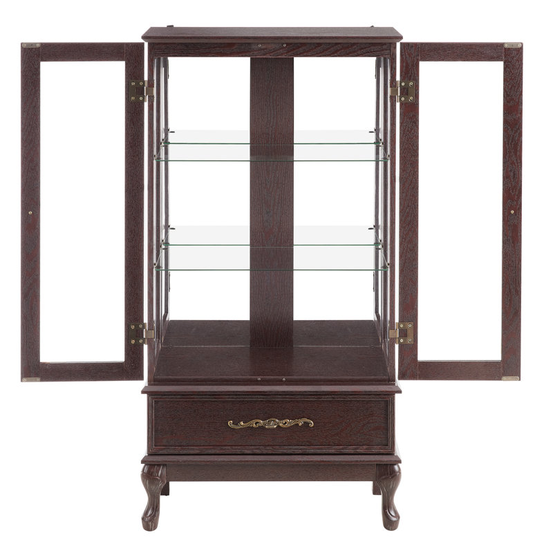 Curio Display Cabinet - Dark Cherry, Adjustable Shelf Alternatives, 2 Doors, 1 Drawer, Vintage Metal Regulation Cherry Cabinet, Shelves, Illuminated Showroom