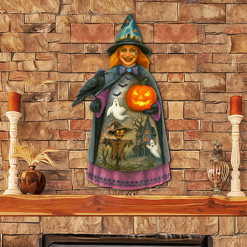 Porte-sorcière d'Halloween - décor de porte en bois fabriqué à la main par G. Debrekht