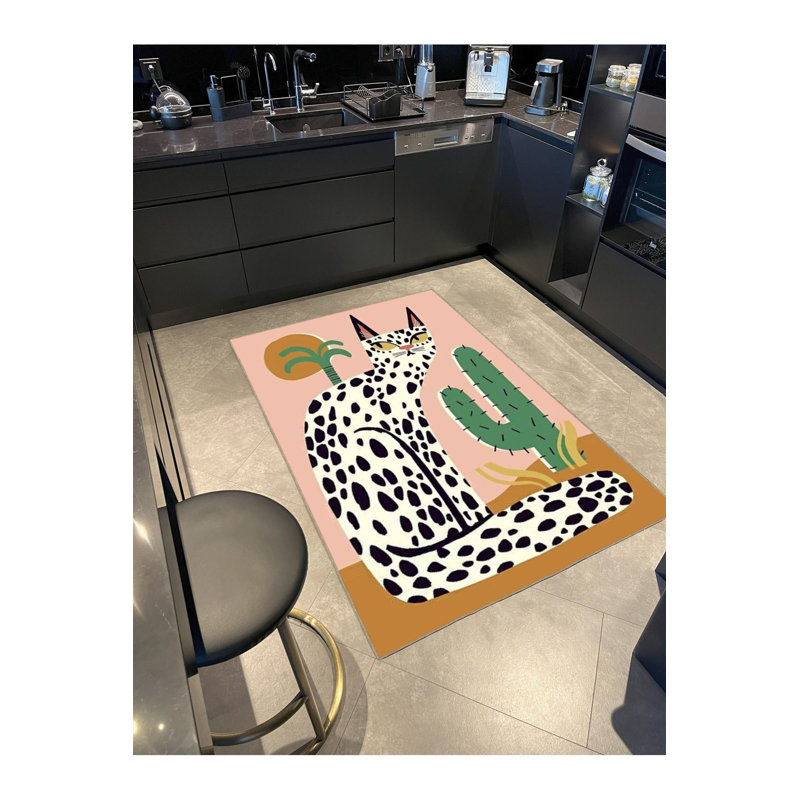 Pink Colour Themed Cactus and Cat Patterned Machine Washable Rug, Square 3'3" Rug Pad Included