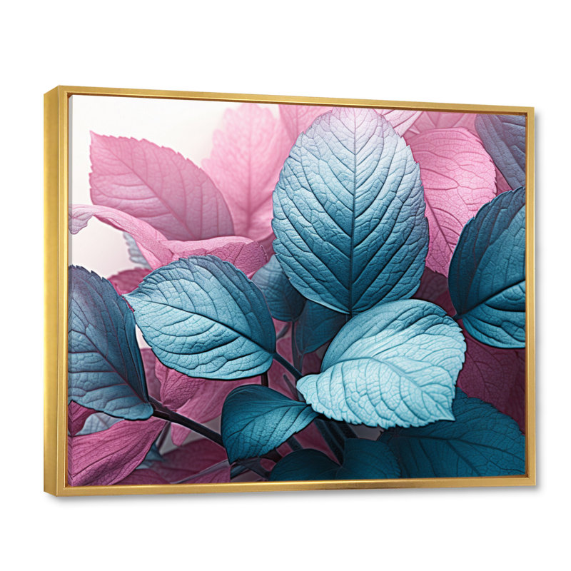 Feuille de splendeur rose turquoise sur toile, H 34 po x l 44 po x P 1,5 po, Cadre flottant doré