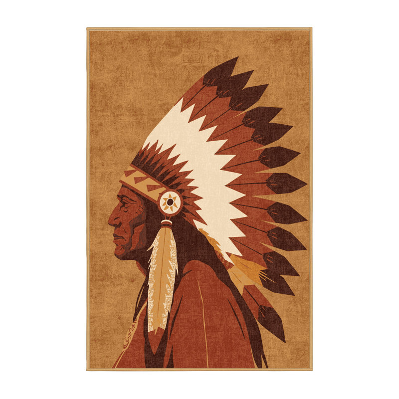 Soft Plush Barreto Feathered War Chief Classic Block Print Area Rug in Brown – LightBrown Binding, 4x6