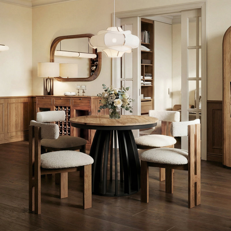 Extendable Round Dining Table, Beige, Beige