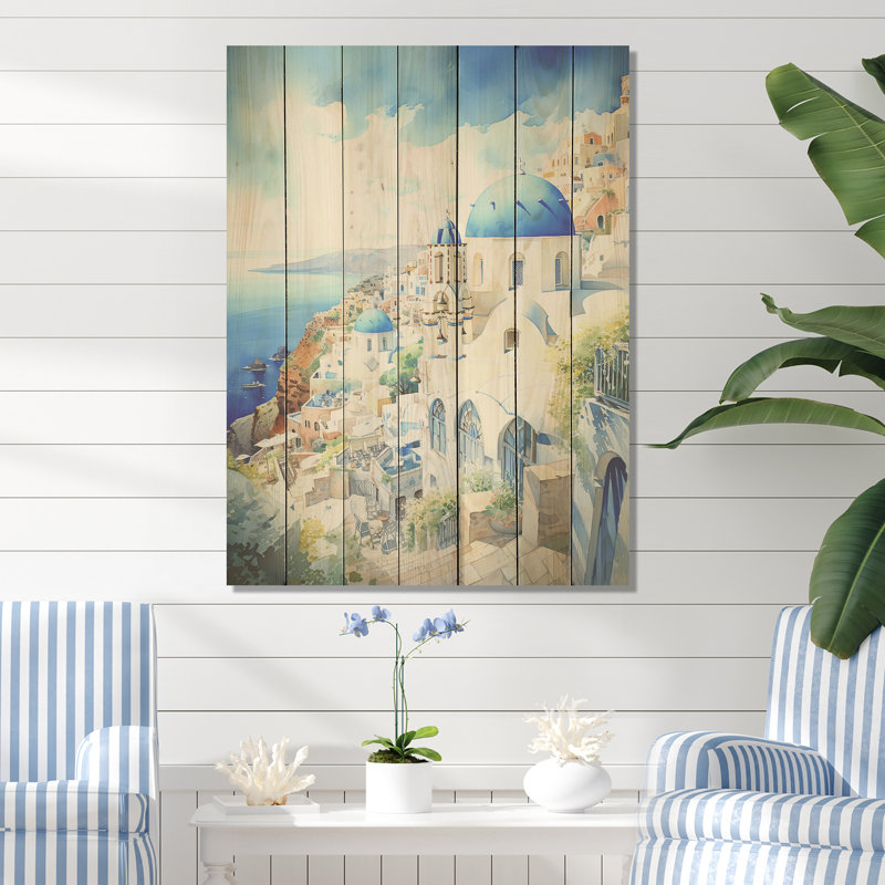 Santorinisles bleu et blanc I - Grèce sur bois, H 44 po x l 34 po