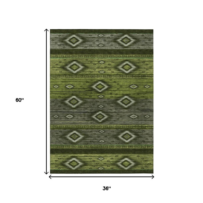 Tapis d'intérieur tribal lavable 3 pi x 5 pi vert gris et vert fougère