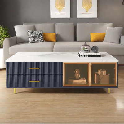 Table basse avec 2 portes en verre, 4 tiroirs, pieds en métal doré et éclairage multicolore