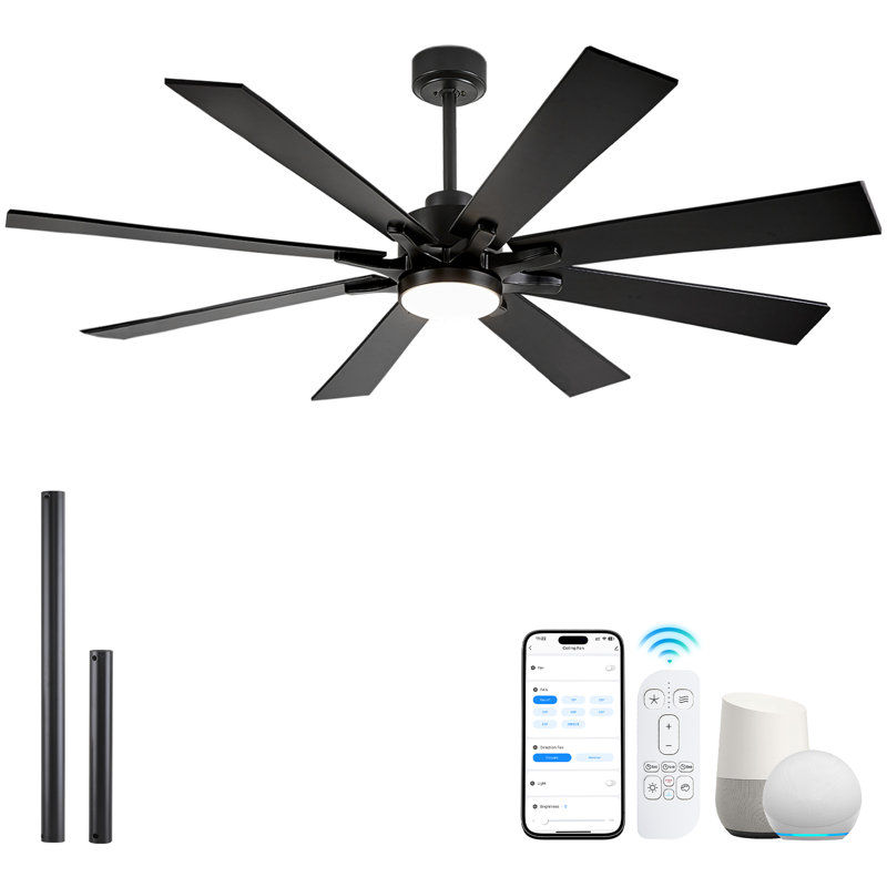 62''/72" 8-blade Modern Smaart Ceiling Fan With Dimmable 5cct Led Lights And Remote Control And App, Black, 62", Black