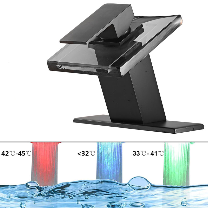 Bathroom Glass Spout Faucet Led Light Color Chaning Faucet Single Handle One Hole, Black