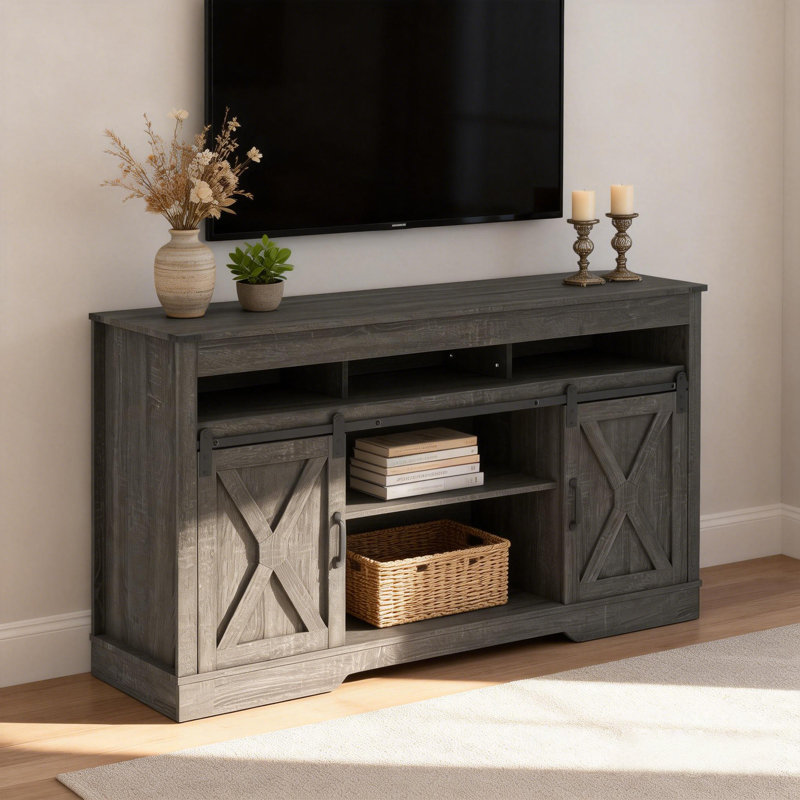 58'' Media Console TV Stand for TVs Up to 70" - Farmhouse Modern Style with Sliding Doors & Adjustable Shelves, Gray
