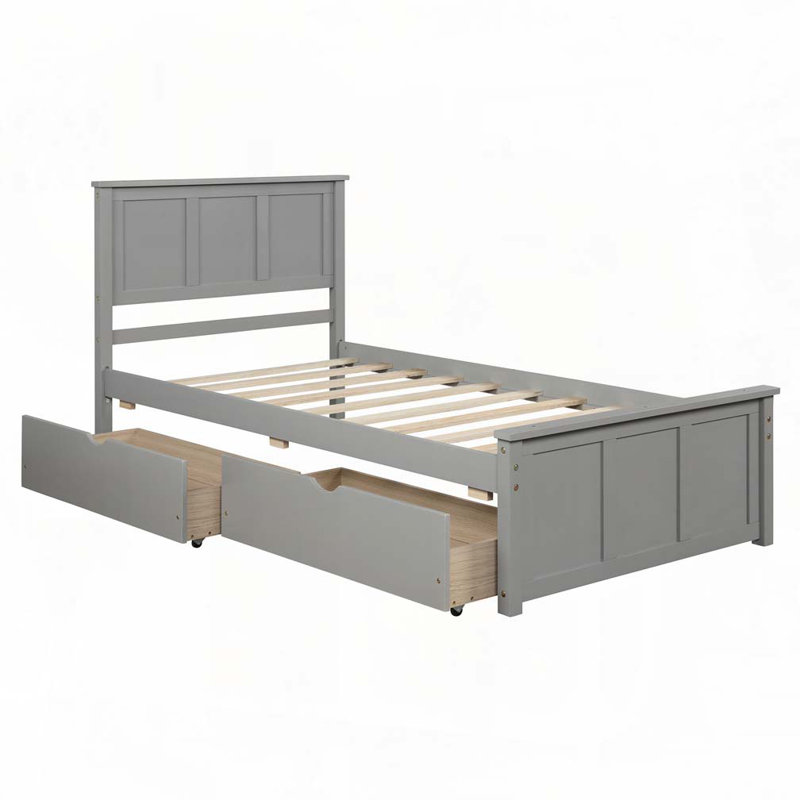 Platform Storage Bed, 2 drawers with wheels, Grey