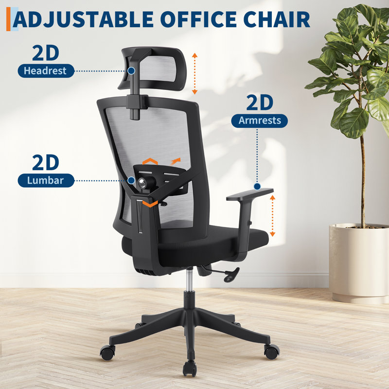 Chaise de bureau ergonomique en maille à dossier haut, chaise de bureau robuste pouvant supporter jusqu'à 159 kg (350 lb) avec appui-tête réglable, soutien lombaire, fonction inclinable et accoudoirs pliables.